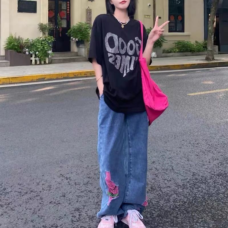 ☢Quần Jeans Nữ Lưng Cao Ống Rộng Rách Gối Cá Tính