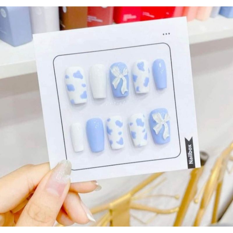 Nailbox móng giả móng up thiết kế bò sữa xanh kèm nơ