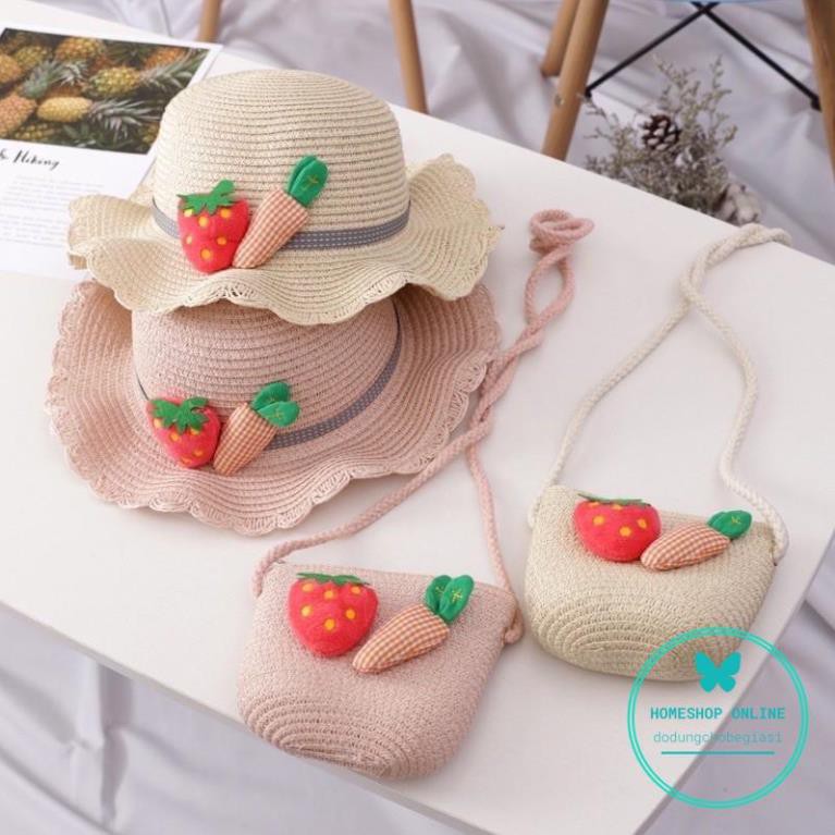 Set túi mũ cói và túi cói dâu tây dễ thương cho bé đi học đi biển đi chơi từ 2 đến 8 tuổi
