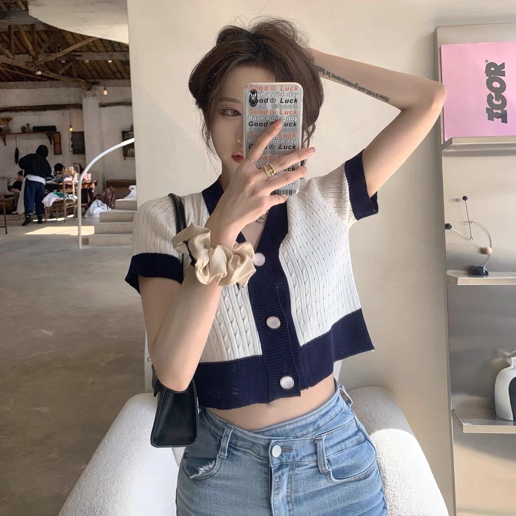 NZN Áo cardigan dệt kim cổ chữ V tay ngắn dáng rộng thời trang Hàn Quốc