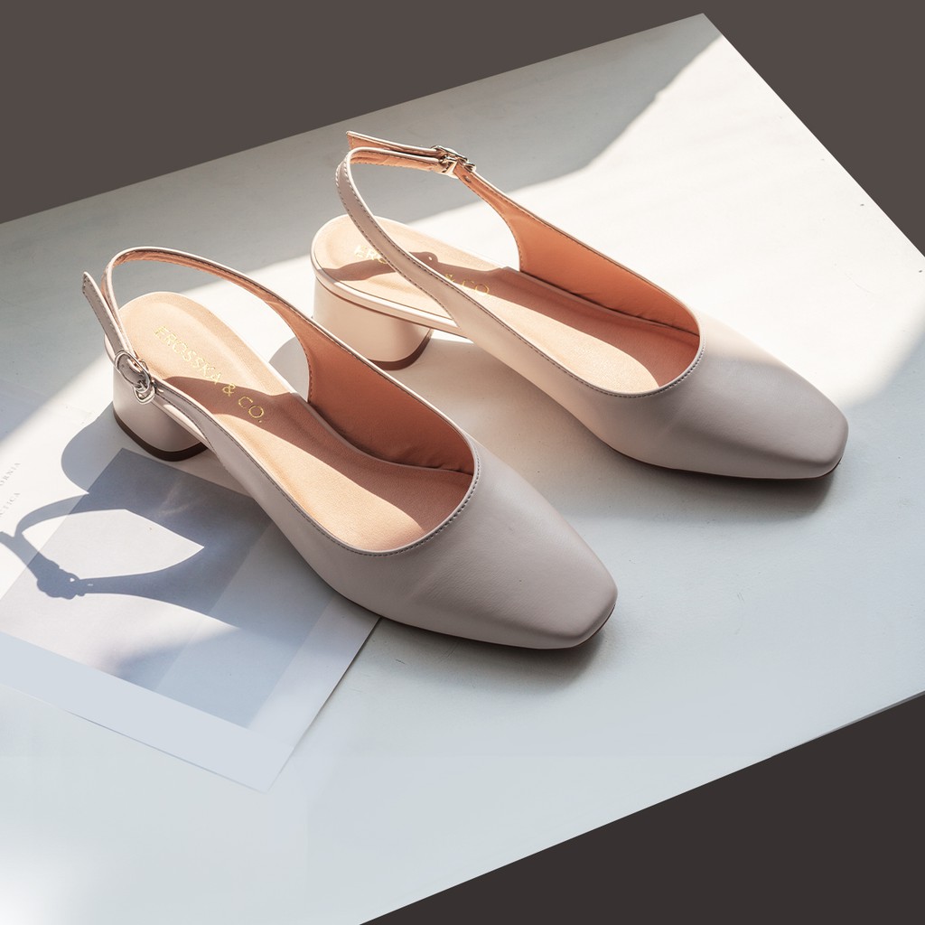 Giày cao gót slingback Erosska mũi vuông kiểu dáng basic gót vuông vững chắc màu kem _ EL013