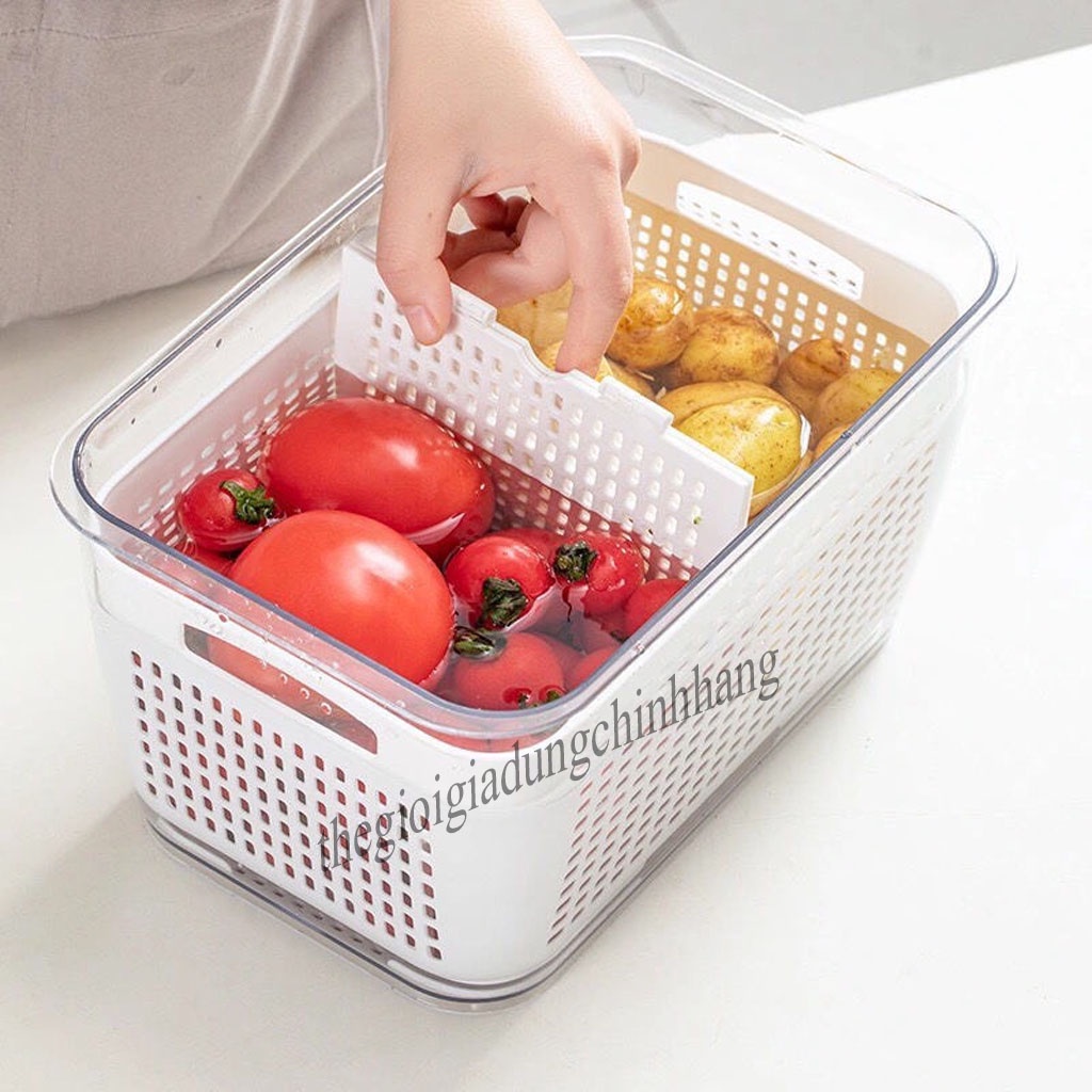 Hộp Đựng Thực Phẩm Tủ Lạnh 2 Lớp, Có Lỗ Thoát Nước, Khóa Thoát Khí Dễ Dàng Bảo Quản Rau Củ