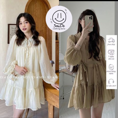 Váy Đầm Babydoll Tay Bồng Dài Có Dây Nơ Xinh Xắn Mặc Được 2 Kiểu Chất Tơ 2 Lớp | Smide Clothing