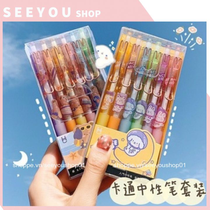 Set 6 Bút Bi Cute Mực Nước Đen Hình Khủng Long , Gấu , Thỏ