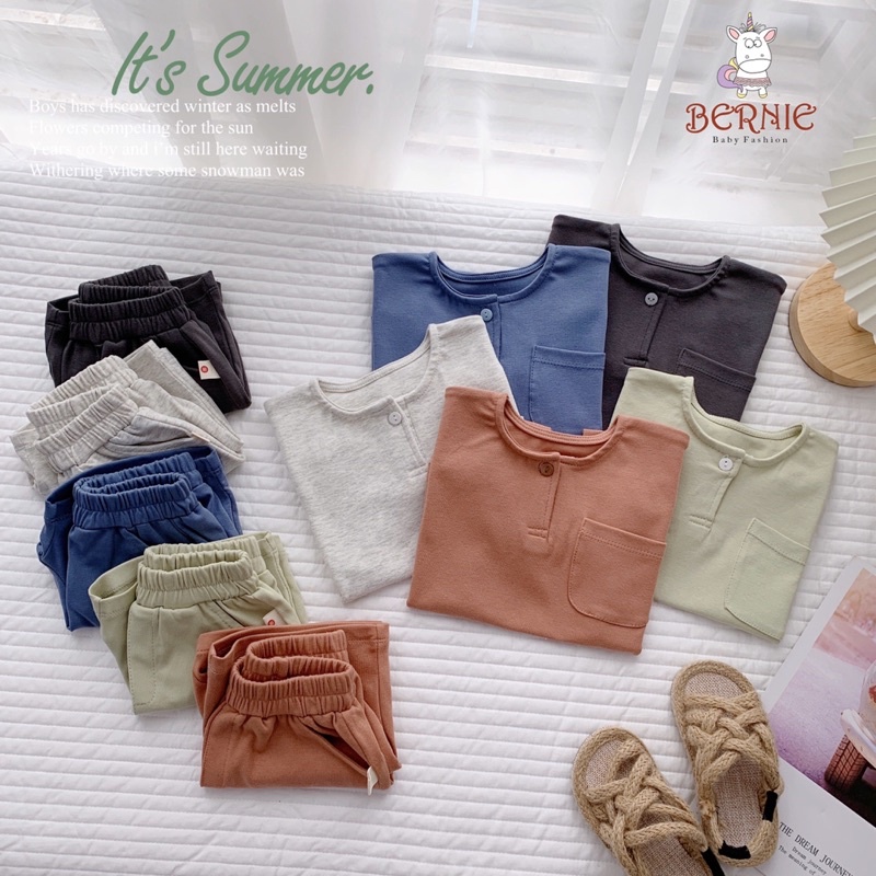 Bộ cộc tay cổ tàu màu trơn chất cotton cho bé trai, bé gái