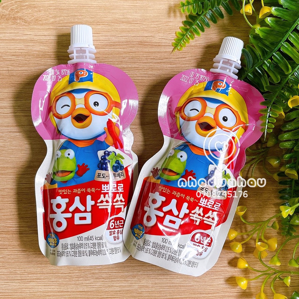 Một gói nước hồng sâm trái cây đủ vị cam/nho/táo cho bé Paldo Pororo Hàn Quốc gói 100ml