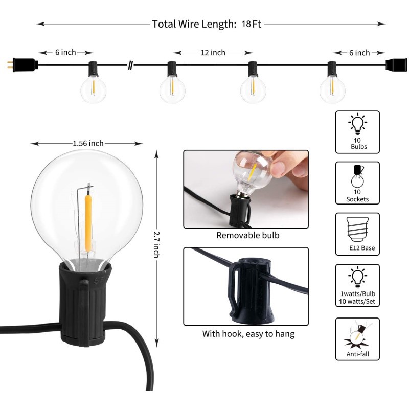 Triple Awaken Đèn LED dây ngoài trời chống thấm nước với 12 bóng đèn Led chống vỡ (2 phụ tùng) - 230V - Đế E12 - Đèn sân trong 18 Ft - Bóng đèn Edison 1W G40 2700K Màu trắng ấm Tạo không khí quán cà phê trên ban công của bạn