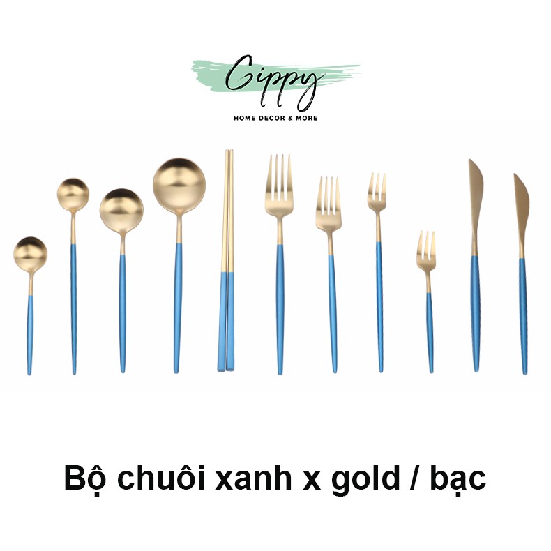 Dao thìa dĩa màu gold, màu bạc chuôi xanh phong cách Bắc Âu - Gippy Decor