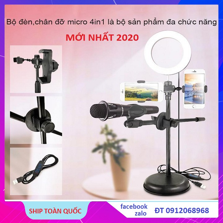 Combo Bộ Đèn 4in1 Và Mic C7 Livestream, Giá Đỡ Đèn Led Thay Đổi 3 Mầu Model 2020