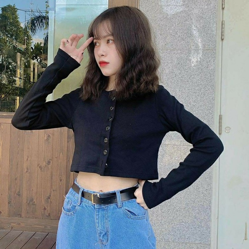 áo croptop nữ dài tay YAN phối khuy chất cotton tăm