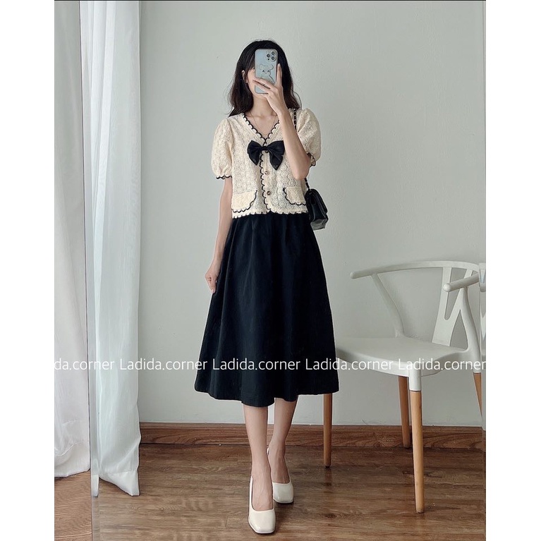 Áo cộc tay nơ rời viền ten ren cúc nơ xinh xắn Ladida