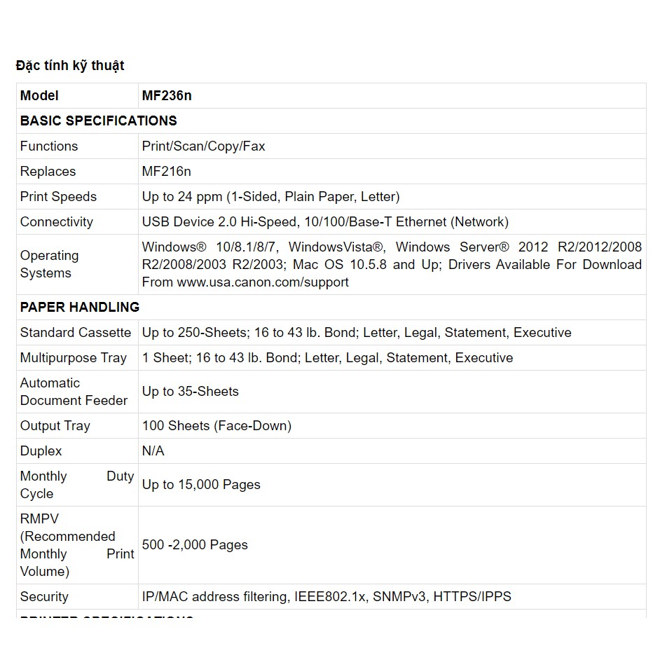 Máy in Laser đa chức năng Canon MF236n (in mạng, scan, copy, fax) - CHÍNH HÃNG - Bảo hành 12 tháng