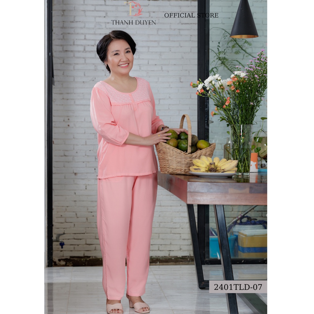 Đồ bộ tole nữ trung niên mặc nhà Thành Duyên màu, phối thun thêu, tay lỡ dài, thoáng mát, không rút - 2401TLDP1