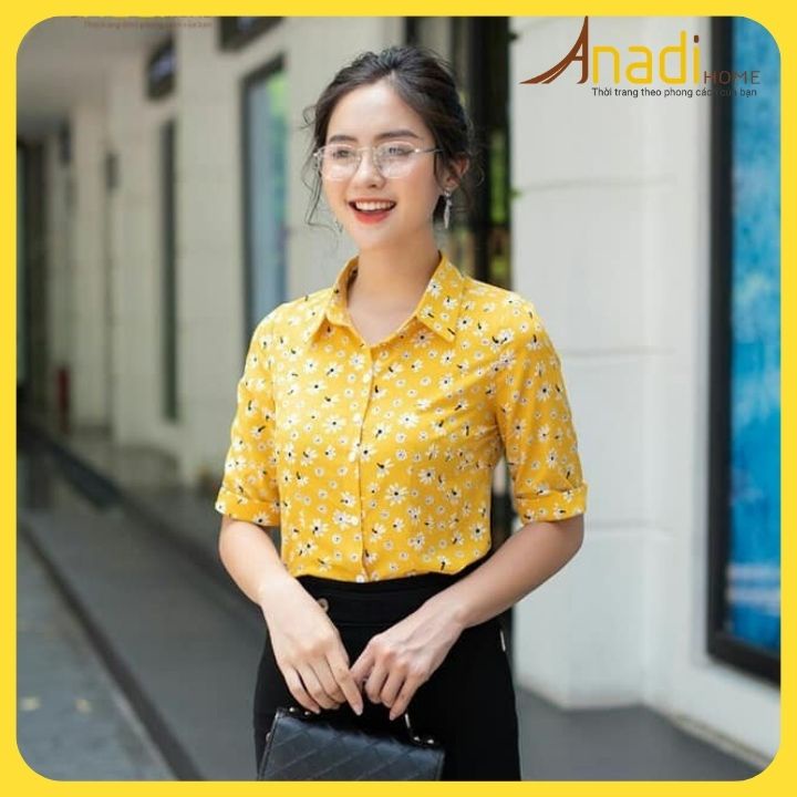 [Hàng Cao Cấp] Áo Sơ Mi Tay Lỡ Hoa Cúc Công Sở Nữ Hai Màu Vàng VÀ Xanh Than Hàng Đẹp Thương Hiệu  Anadi Fashion