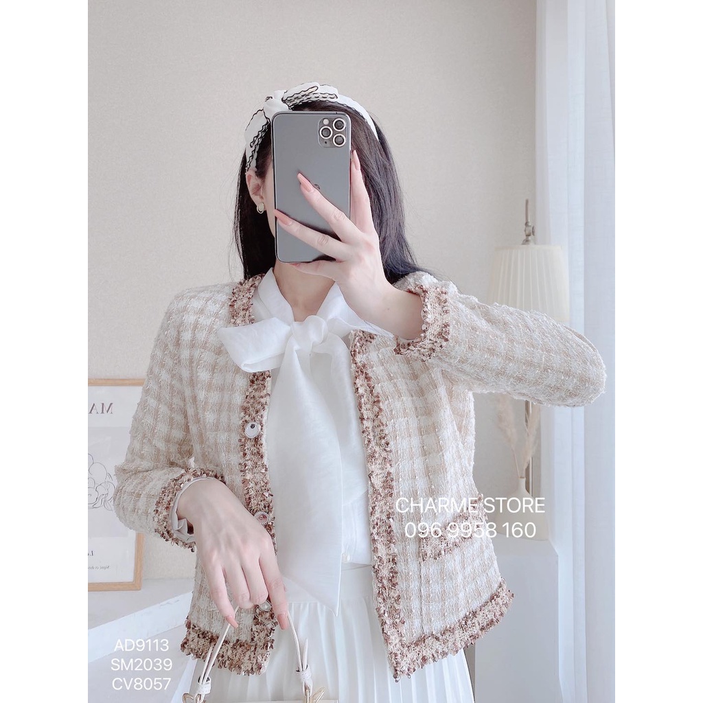 Áo sơ mi nữ trơn tay dài thiết kế Charme phối nơ và cúc ngọc xinh xắn 2039