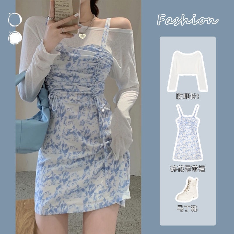 Set Áo Thun Dài Tay Cổ Tròn + Đầm Yếm In Hoa Thời Trang Nữ