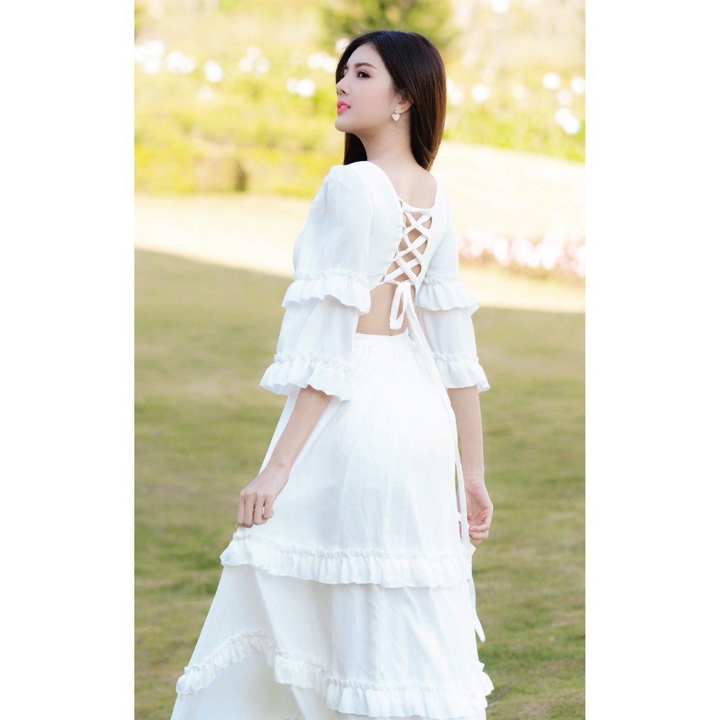 [🌼Hàng sẵn] Đầm maxi vàng đan dây hở lưng tay dài du lịch hottrend | BigBuy360 - bigbuy360.vn