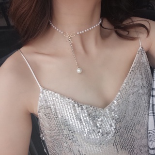 Vòng cổ choker đính nơ và ngọc trai thời trang cho nữ