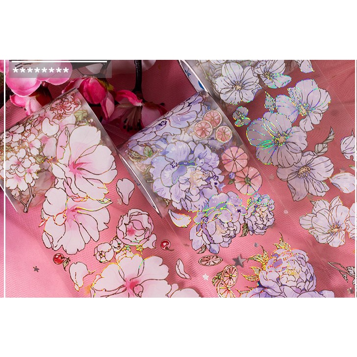 Đoạn chiết washi tape các mẫu hoa dạng pet lấp lánh