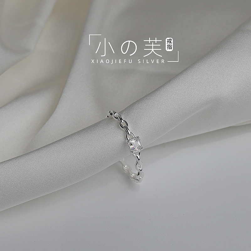 Nhẫn đính đá zircon hình vuông mạ bạc S925 kích thước có thể điều chỉnh phong cách đơn giản ngọt ngào cho nữ