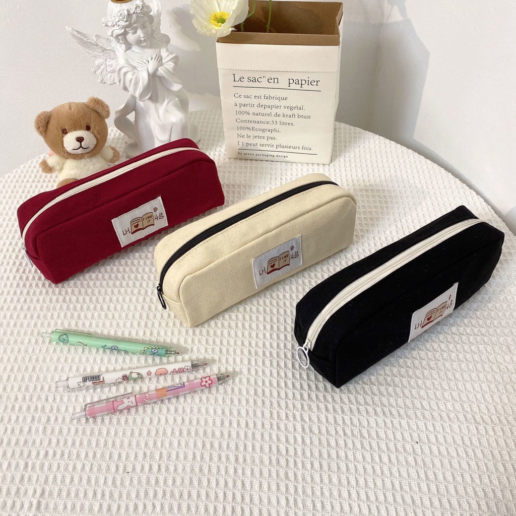 Túi Đựng Bút Bằng Vải Canvas Sức Chứa Lớn Màu Trơn Đơn Giản Có Khóa Kéo Dành Cho Học Sinh Nam Nữ