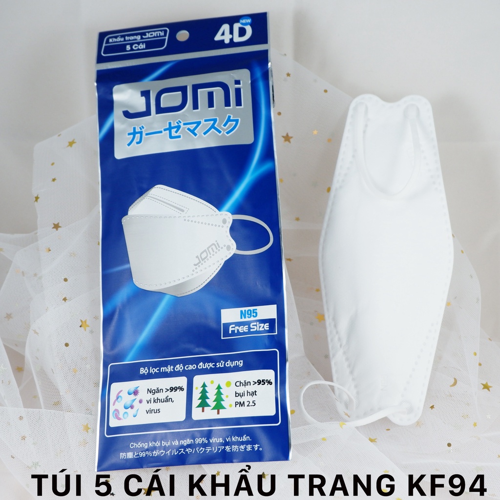 Khẩu trang y tế 3D JOMI / 4D kf94 kháng khuẩn, chống nắng, quai vãi cao cấp túi 5 cái NPP SHOPTIDO