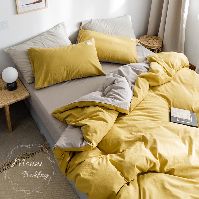 BỘ GA GỐI COTTON HÀN QUỐC TICI VÀNG PHỐI KEM CỰC XINH