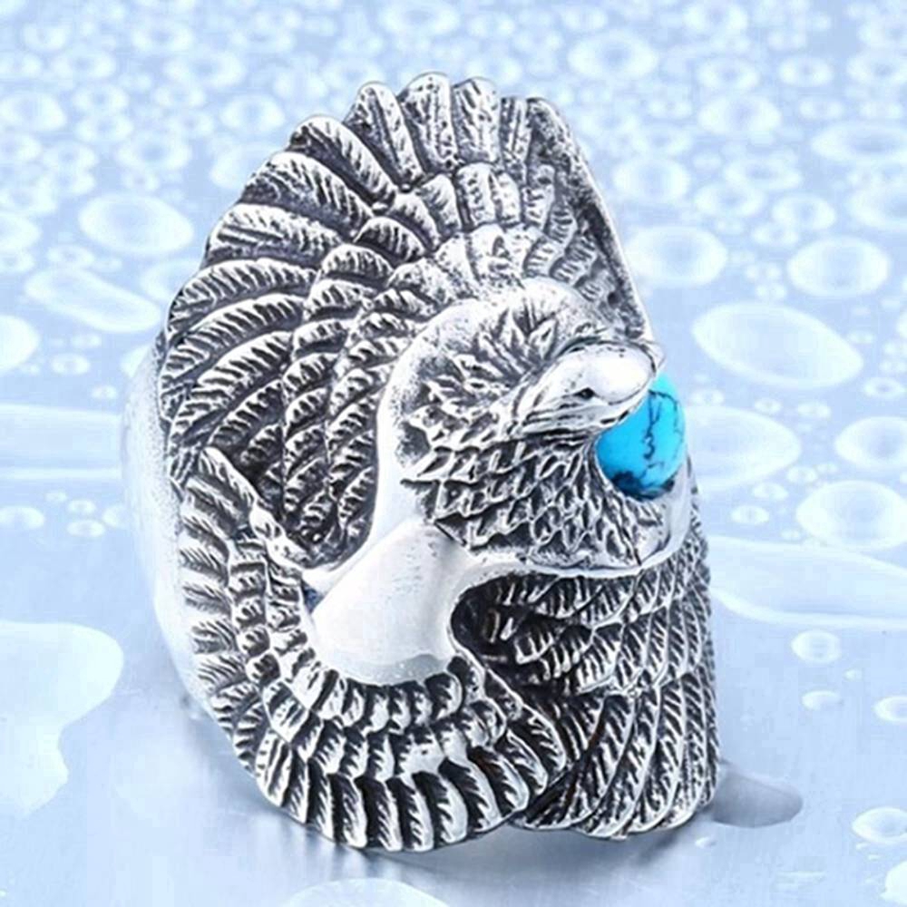 1Pc Cincin Alloy Desain Elang Silver 8 Variasi Ukuran Hias Moonstone Biru Gaya Pesta untuk Wanita