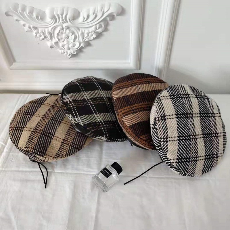Mũ Nồi Beret NỮ TRƠN ĐƠN GIẢN HỌA TIẾT KARO 4 MÀU Chỉnh được kích thước HÀN QUỐC MN22