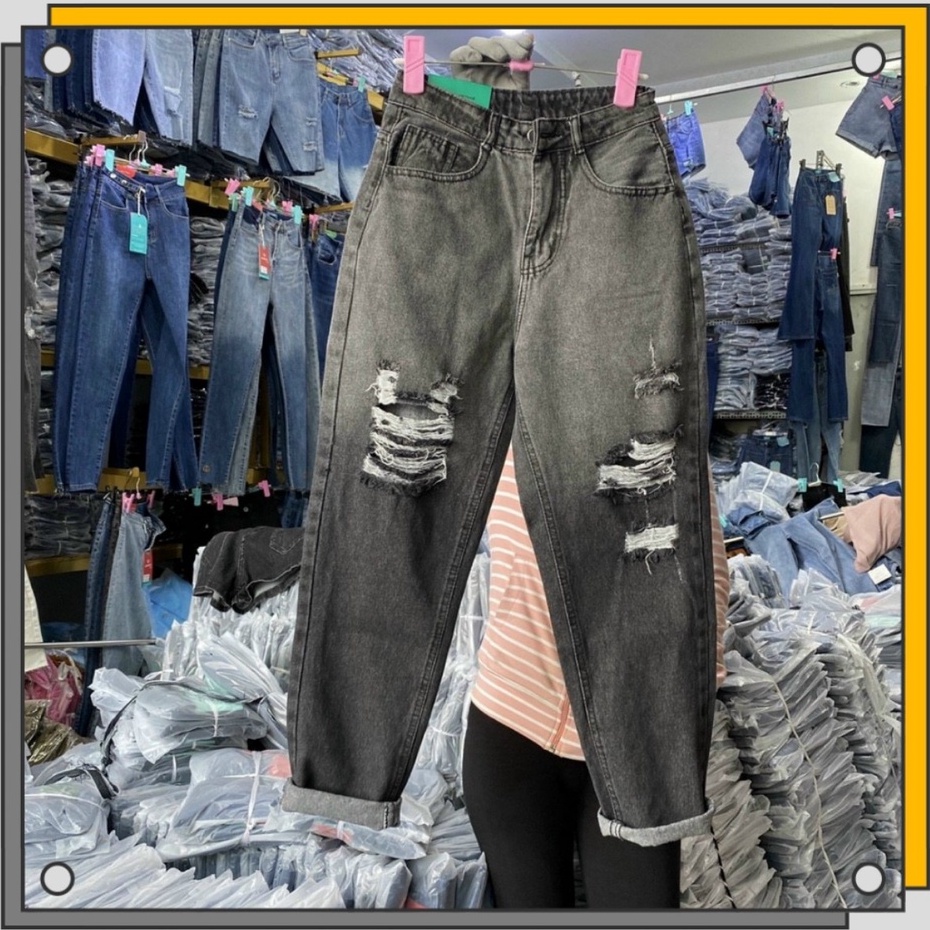 Quần jean baggy nữ loang khói trơn, Quần bò nữ cạp cao rách kiểu mẫu mới