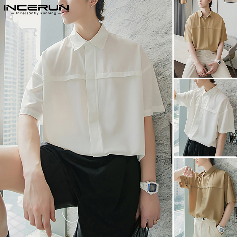 INCERUN Men Fashion Simple Style Casual Solid Color Short Sleeve Lapel Shirts