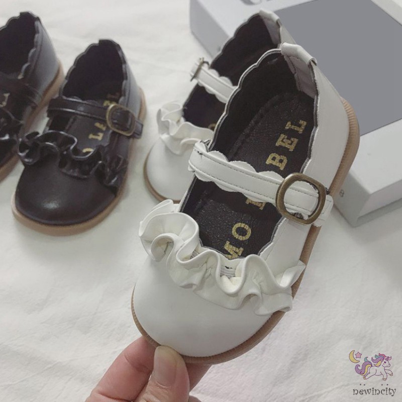 Giày Da Pu Viền Bèo Nhún Xinh Xắn Phong Cách Hàn Quốc Cho Trẻ Em