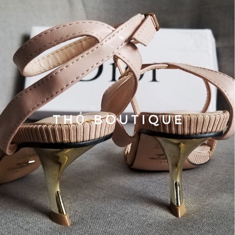 Giày sandal cao gót DI.OR xuất xịn vải gân màu be nude gót cong 6cm size 37-38