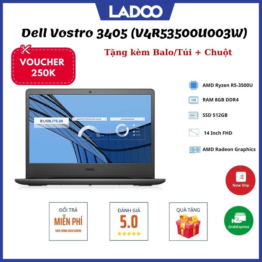 [VOUCHER 250K, Tặng Balo+Chuột] Laptop Dell Vostro 3405 (V4R53500U003W)/ Ryzen R5/ Ram 8GB/ SSD 512GB/ 14.0''/ Win 10SL