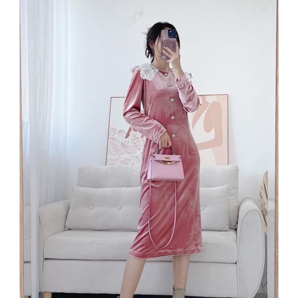 LIIN - Đầm nhung chữ A dáng dài phối cổ ren tiểu thư, sang chảnh | BigBuy360 - bigbuy360.vn