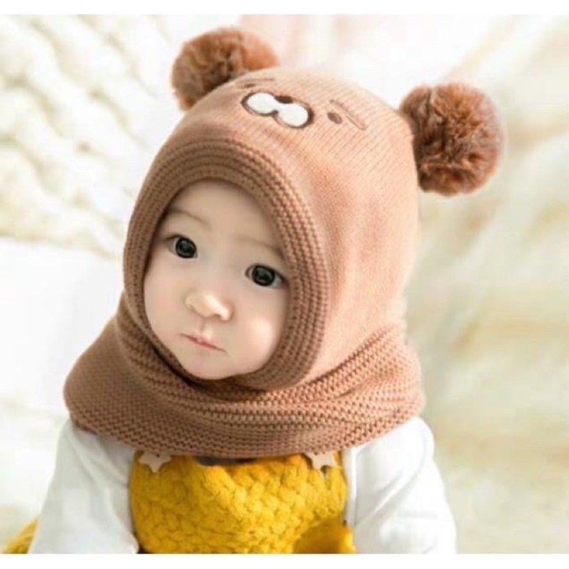 Mũ len chùm liền khăn hình gấu cho bé