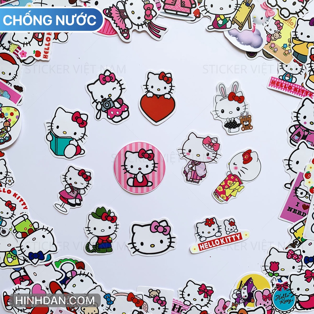 Sticker HELLO KITTY  chống nước dán nón bảo hiểm, tủ, đàn guitar, laptop, máy tính, xe, vali, tường