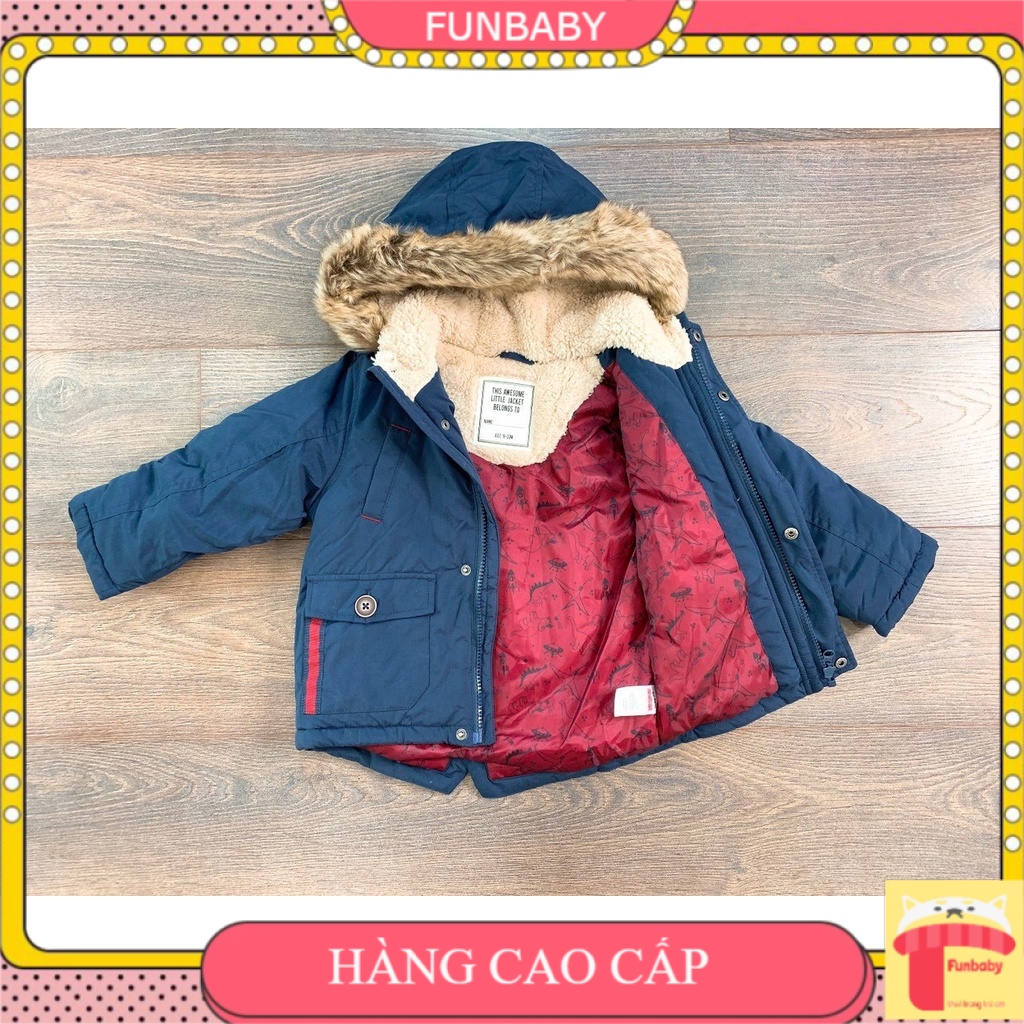 Áo khoác cho bé trai mũ lông 1-4 tuổi thêu đáp hình khủng long, Áo Parka trẻ em nam túi hộp thời trang hàng xuất xin sò