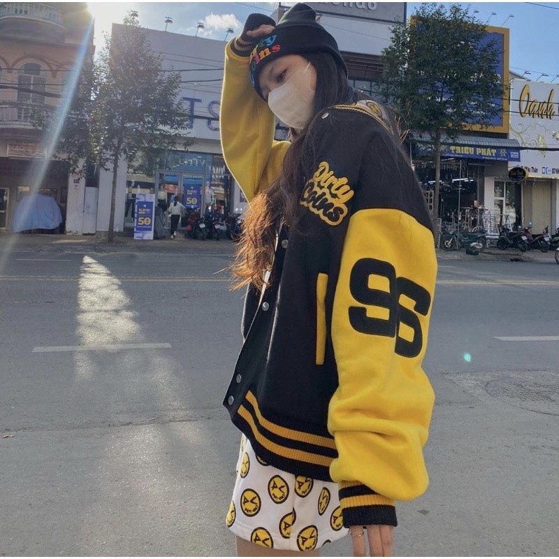 Áo khoác DirtyCoins Embroidered Varsity Jacket áo bomber Dirty coins Đen tay vàng full tag Hany Shop
