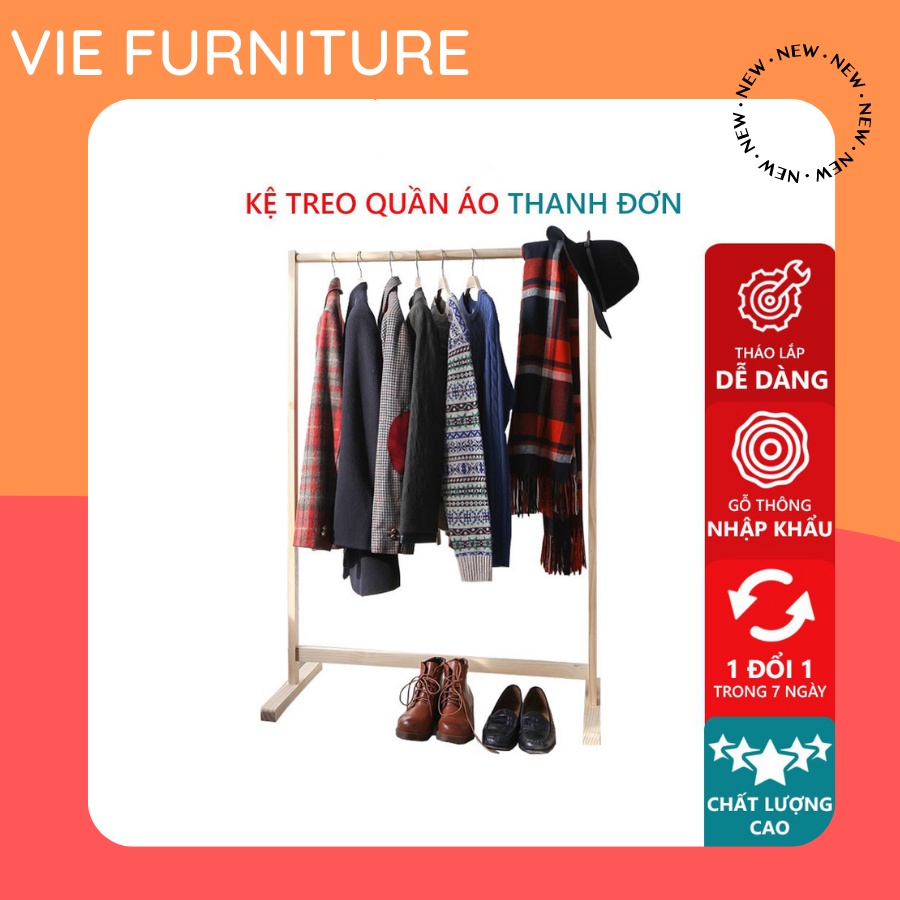 GIÁ KỆ GỖ TREO QUẦN ÁO THANH ĐƠN - GỖ THÔNG MỸ - SIZE M - 3 MÀU GỖ TỰ NHIÊN, ĐEN, TRẮNG