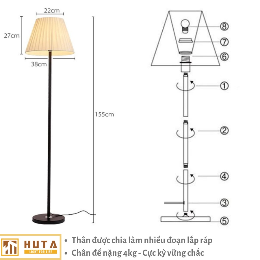 Đèn Cây Đứng Phòng Khách HUTA, Dùng Làm Đèn Sàn Trang Trí Nội Thất, Phòng Ngủ, Góc Tường Sofa, Bóng Led, Chao Vải - KT1