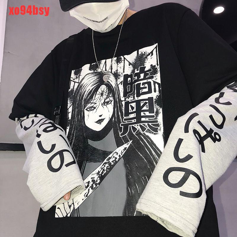 [xo94bsy]Harajuku Japanese Anime Print Women Sweatshirt Fake 2 Pieces Loose Streetwear