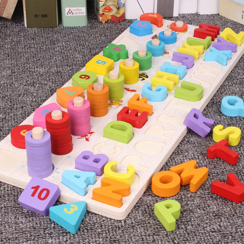 Bộ Giáo Cụ Montessori 4in1 giúp bé học chữ cái, hình khối, số và cột tính