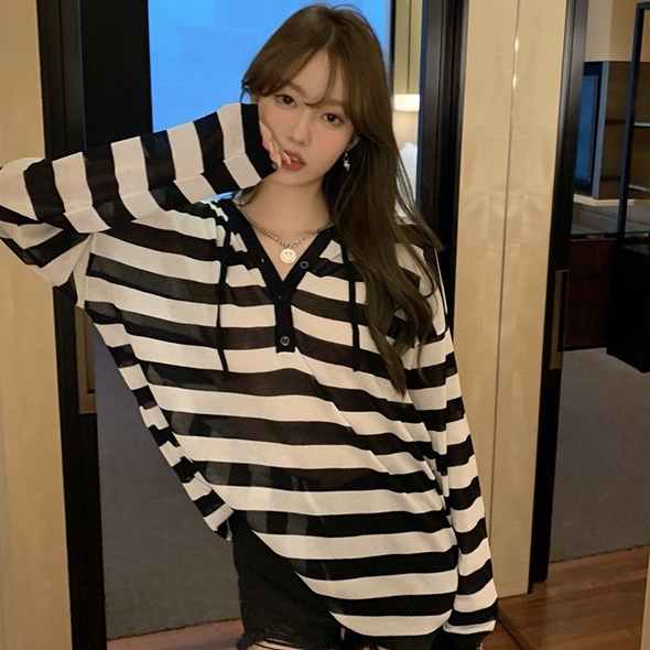 Áo hoodie ZHELIHANGFEI chống nắng dáng rộng họa tiết kẻ sọc dễ phối đồ cho nữ