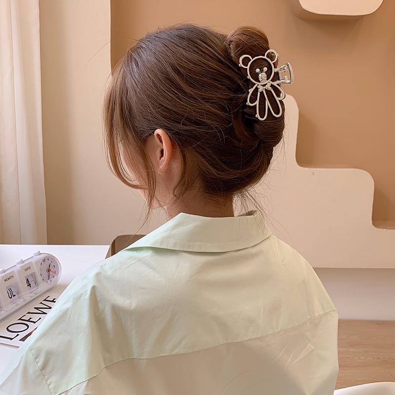 Kẹp Tóc Hình Gấu Hoạt Hình Ba Chiều Bằng Kim Loại Đính Ngọc Trai Thời Trang Hàn Quốc vintage