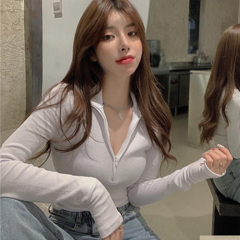 Áo crop top tay dài màu sắc thời trang thu đông cho nữ