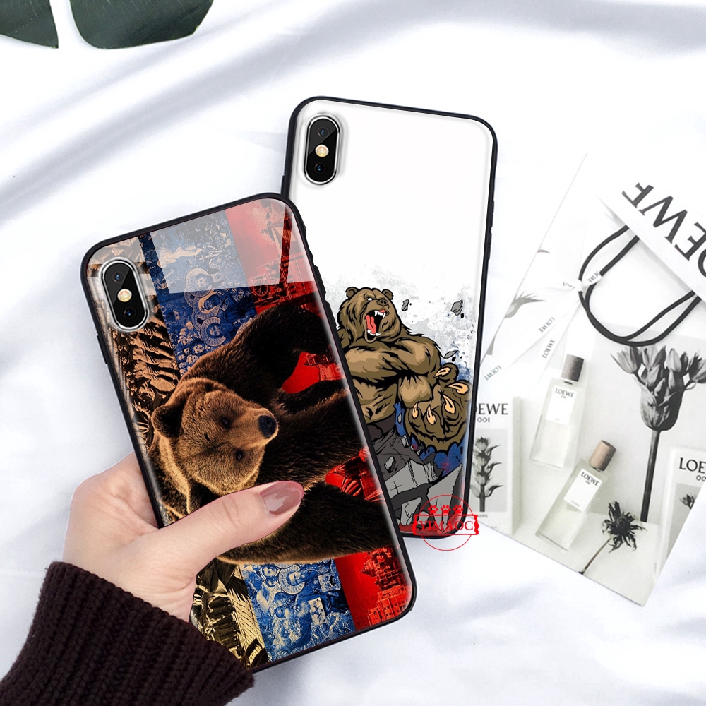 Ốp điện thoại mặt kính in hình gấu đại bàng quốc kỳ Nga cho iPhone XS Max XR X 11 Pro 7 8 6 6S Plus