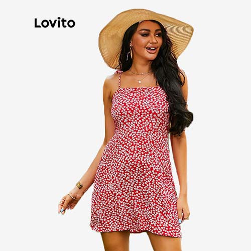 Đầm Lovito hai dây dáng xòe họa tiết hoa màu đỏ phong cách boho thời trang thanh lịch L01201 (Red)