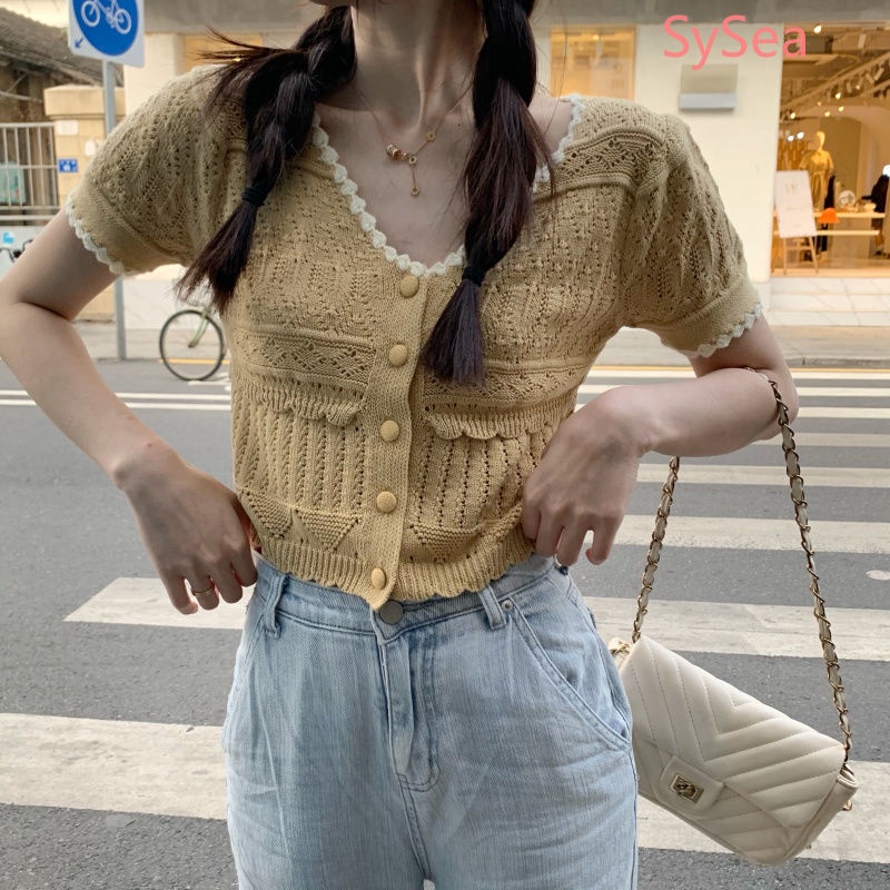 Áo dệt kim ngắn tay thời trang mùa hè nữ tính thanh lịch