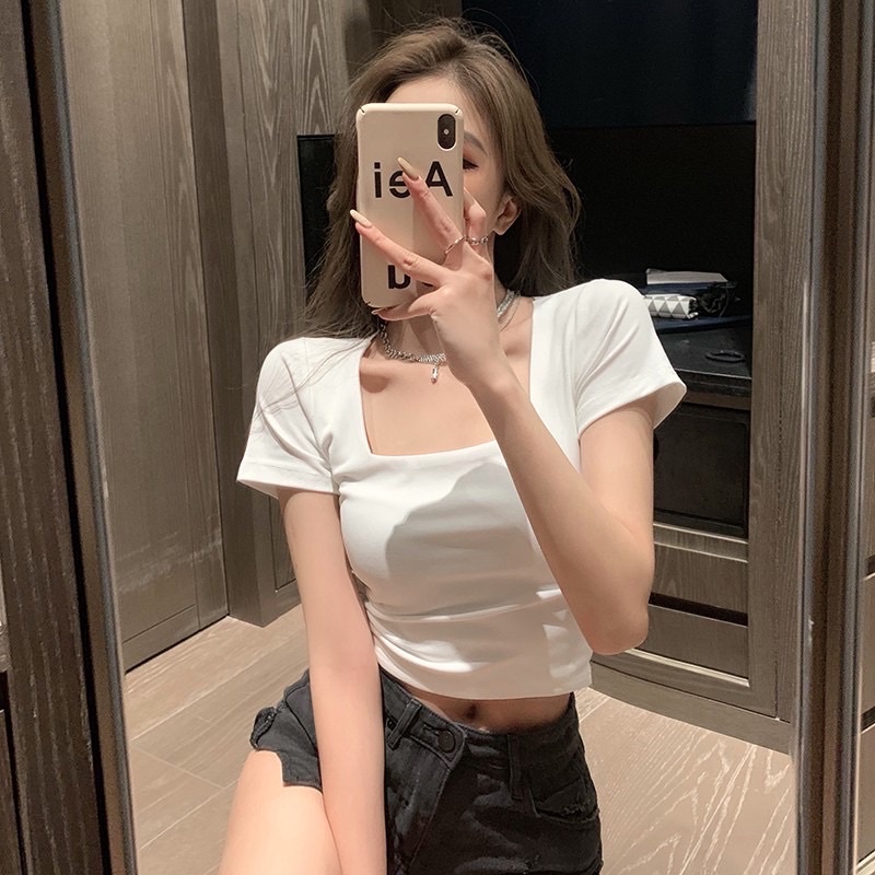 Áo Croptop Cổ Vuông Tay Ngắn Form Ôm Body Tôn Dáng Gợi Cảm Chất Thun Thoáng Mát
